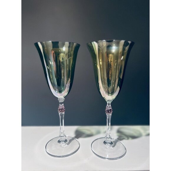 Vintage Iridescent Wine Goblets–Set of 2 | Blue Purple Gold Fluted Glasses Glam - Picture 3 of 3